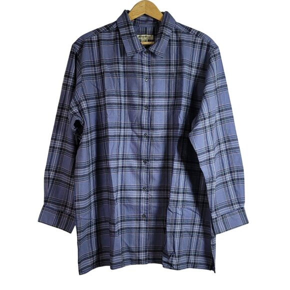 Eddie Bauer Plaid Button Front Top Blue XXL Collar Long Sleeves 100% Cotton NWOT - Picture 1 of 5